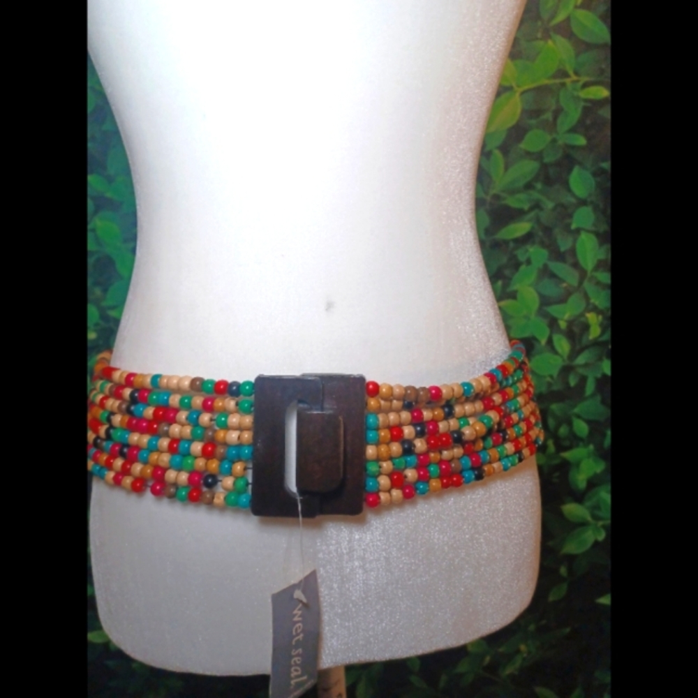 Wet Seal Beaded Belt with Wooden Buckle Sz L